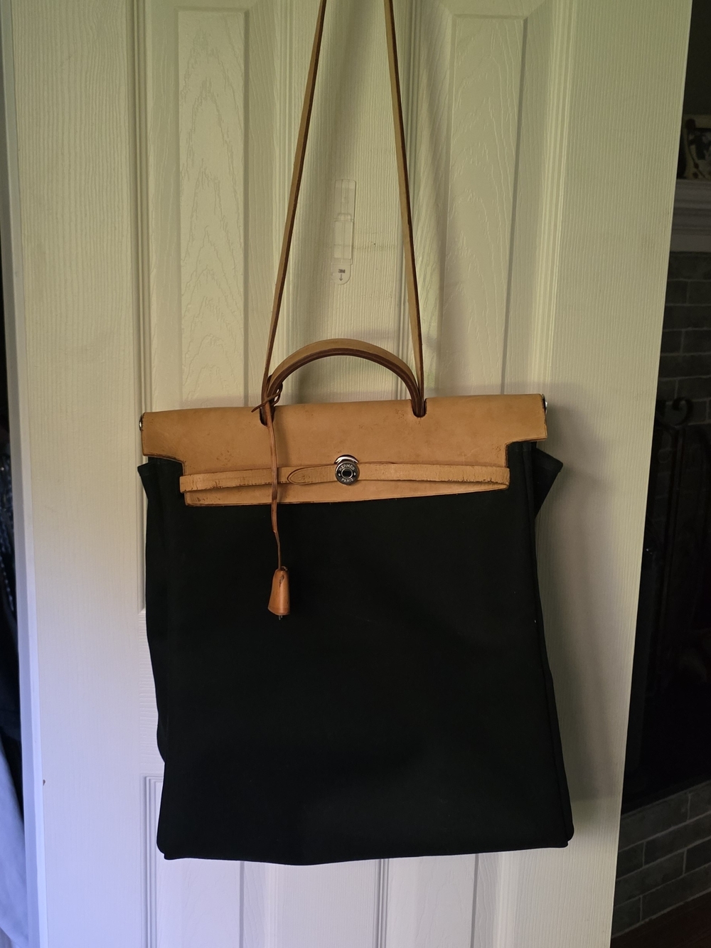 Classic Black Canvas Tote with Tan Leather Trim